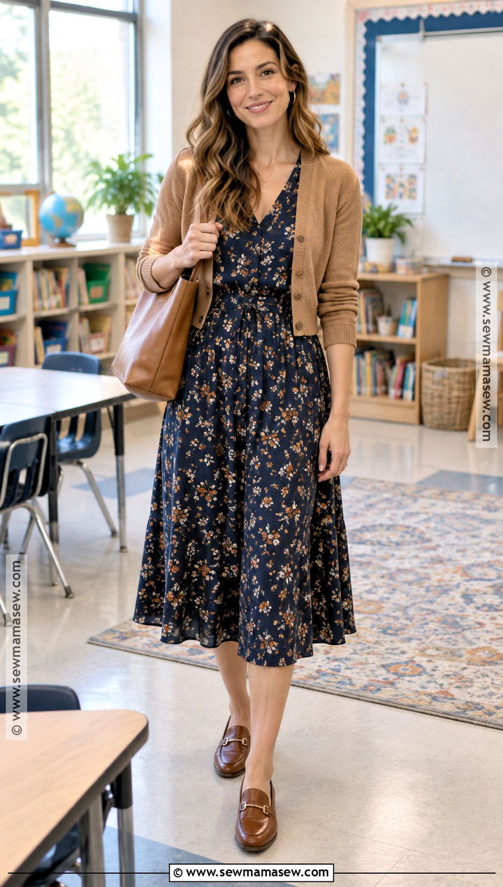 Fall Teacher Outfit With Floral Dress And Loafers - 15 Fall School Teacher Outfits