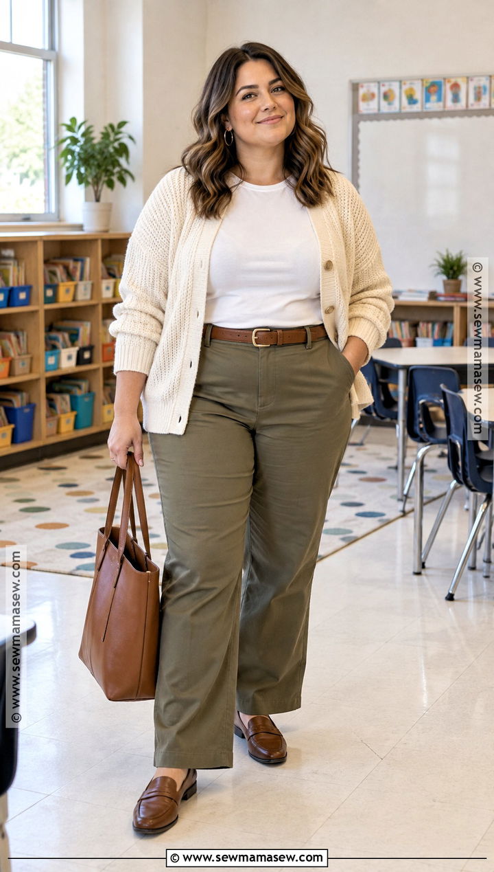 Fall Teacher Outfit With Olive Trousers And Cream Cardigan - 25 fall teacher outfits