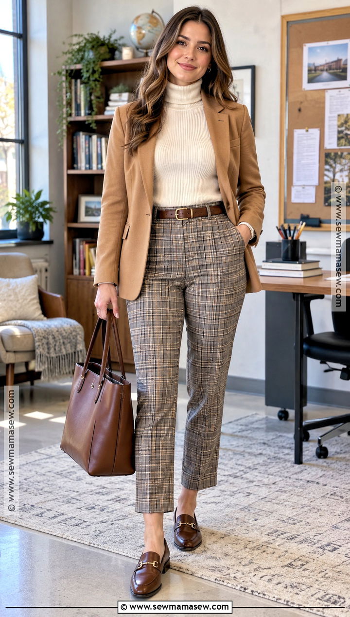 Fall Teacher Outfit With Plaid Trousers And Blazer - 25 fall teacher outfits