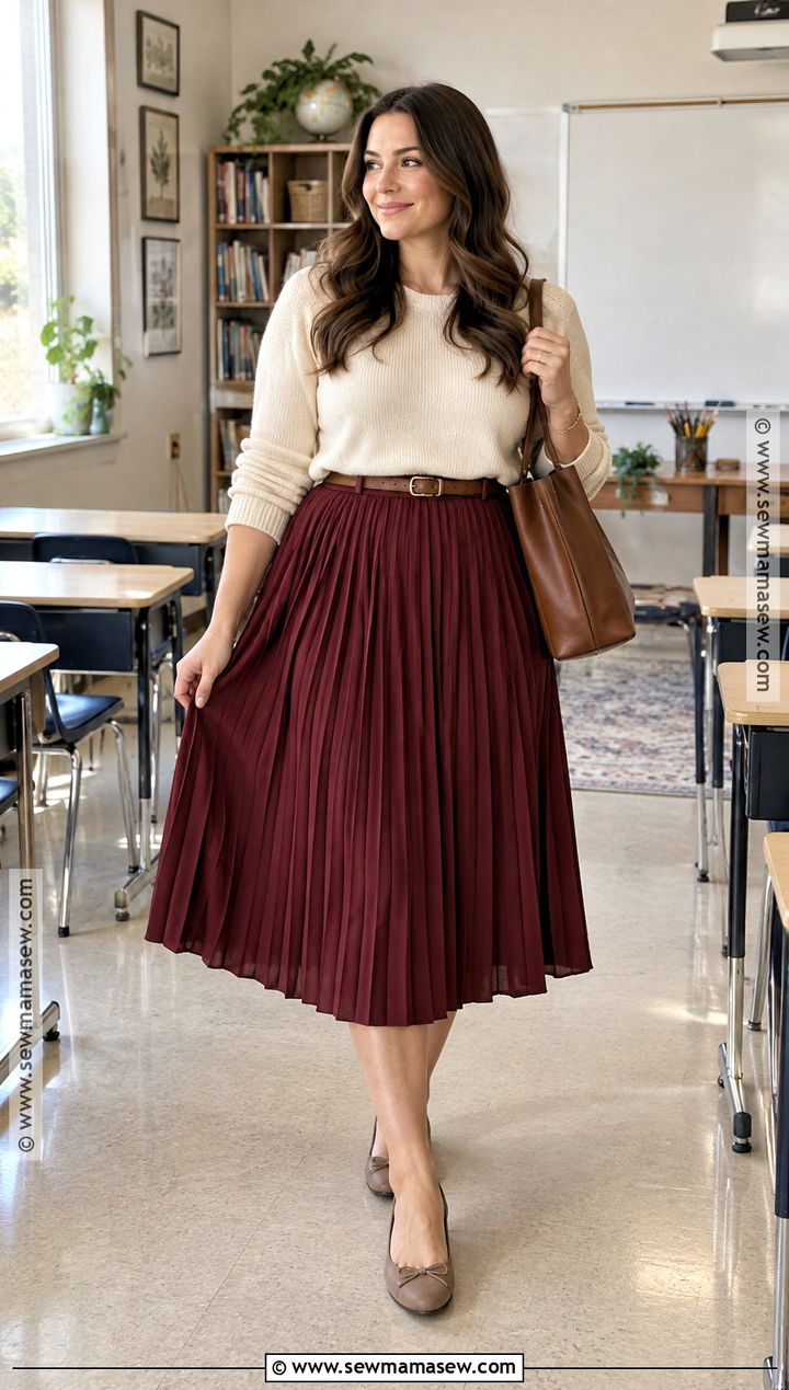Fall Teacher Outfit With Pleated Midi Skirt And Sweater - 25 fall teacher outfits