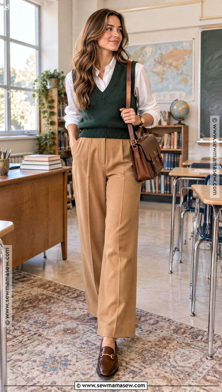Fall Teacher Outfit With Sweater Vest And Wide Leg Pants - 15 Fall School Teacher Outfits