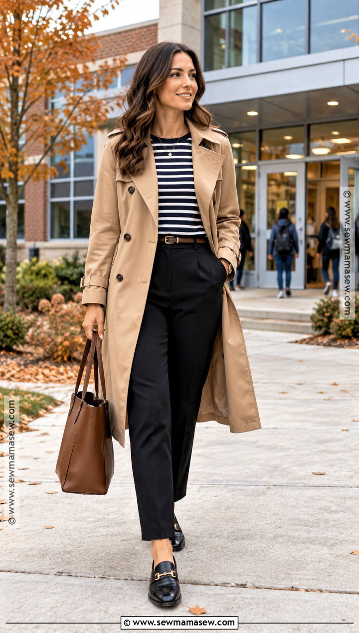 Fall Teacher Outfit With Trench Coat And Black Pants - 25 fall teacher outfits