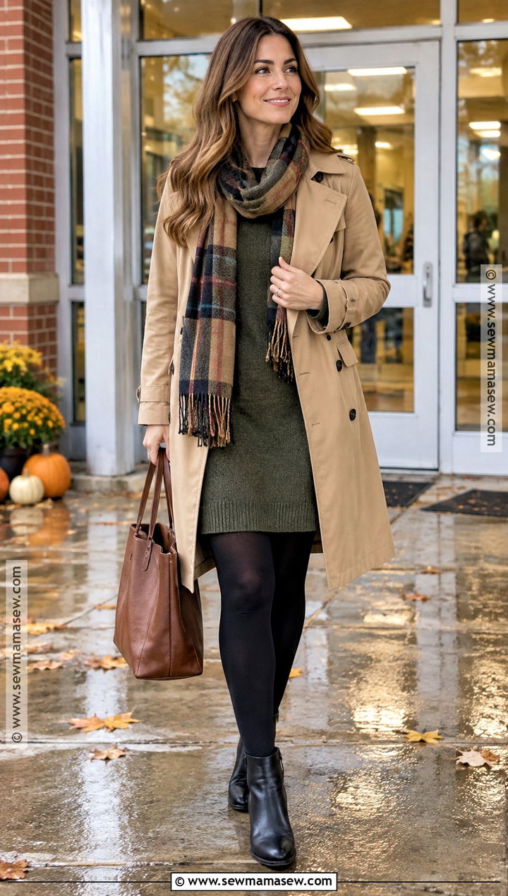 Fall Teacher Outfit With Trench Coat And Sweater Dress - 15 Fall School Teacher Outfits