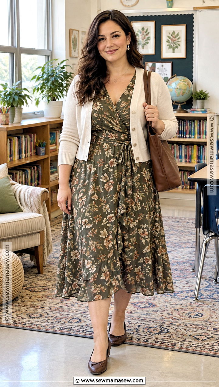 Fall Teacher Outfit With Wrap Dress And Cropped Cardigan - 25 fall teacher outfits