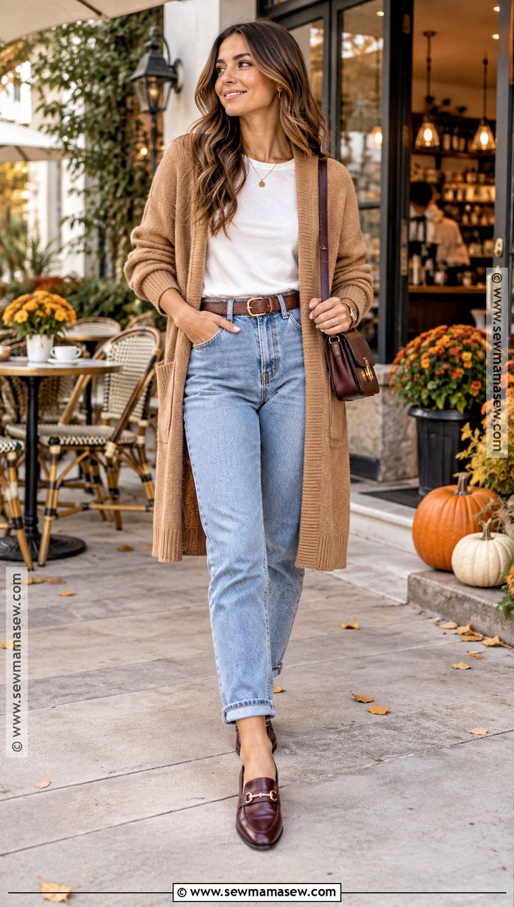 Fall Tee With Cardigan And Mom Jeans - 15 Fall Tees Ideas for Women