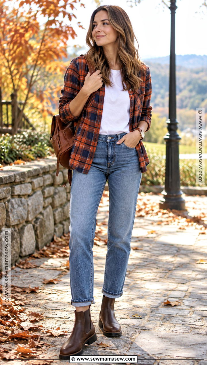 Fall Tee With Plaid Shirt And Jeans - 15 Fall Tees Ideas for Women