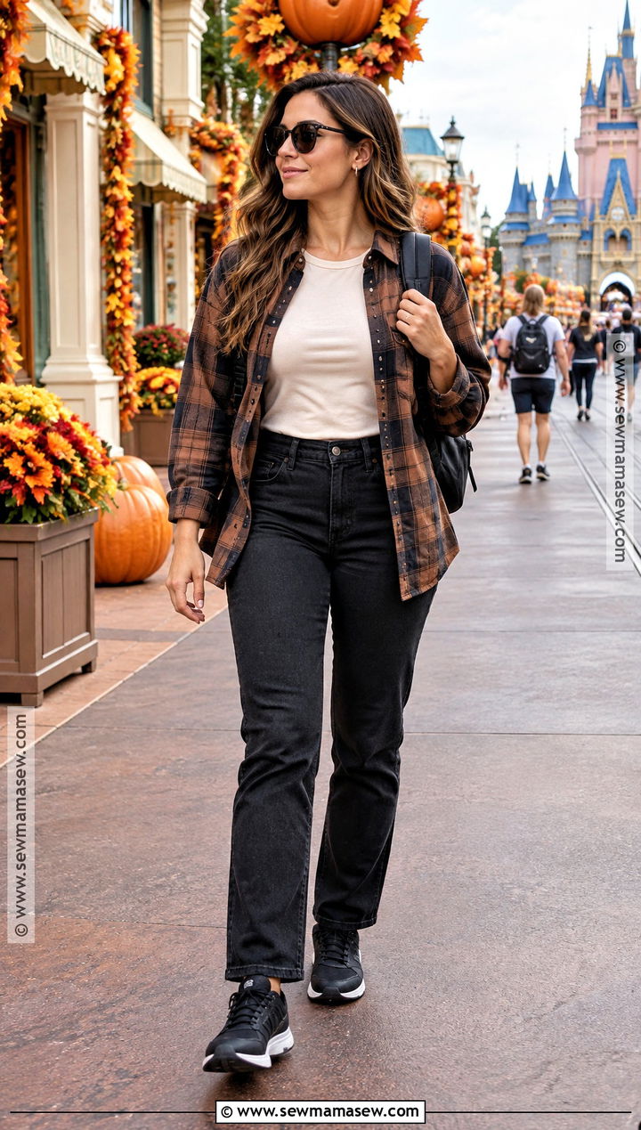 Fall Theme Park Outfit With Black Jeans And Plaid Shacket - 20 theme park outfits fall