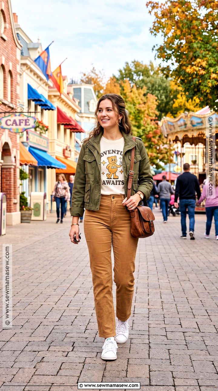 Fall Theme Park Outfit With Corduroy Pants And Character Tee - 20 theme park outfits fall