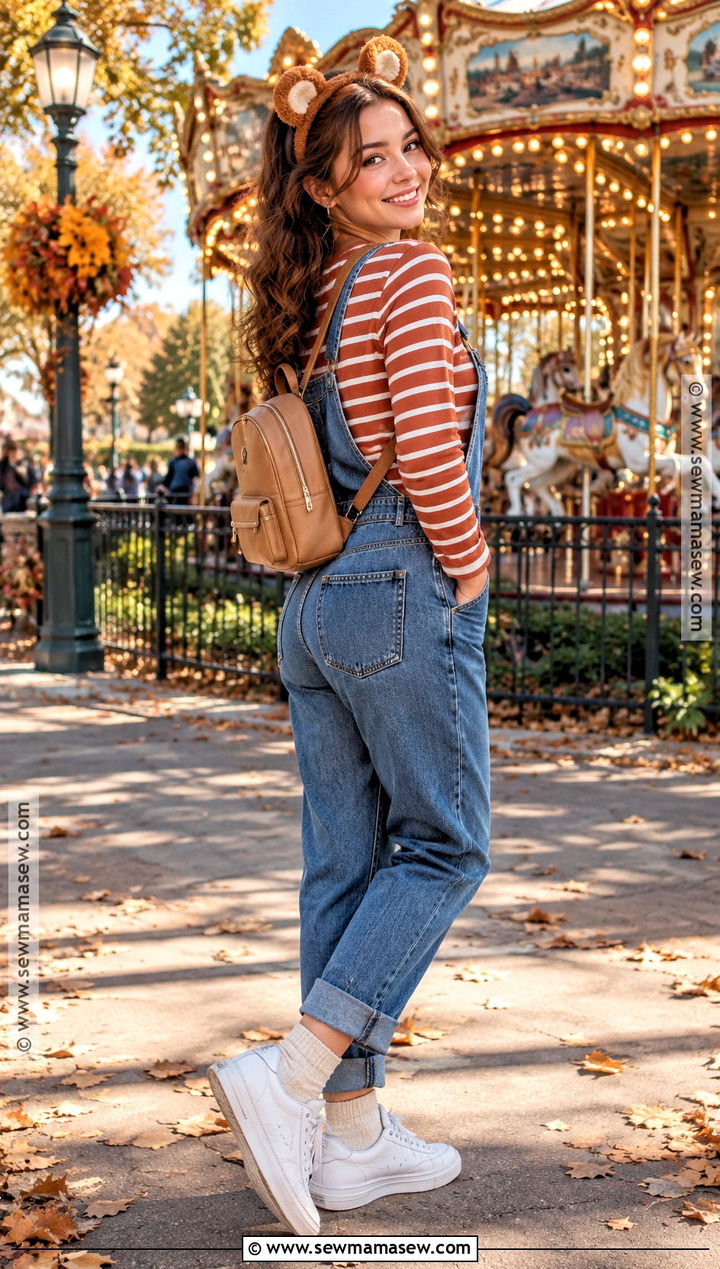 Fall Theme Park Outfit With Denim Overalls And Long Sleeve Tee - 20 theme park outfits fall