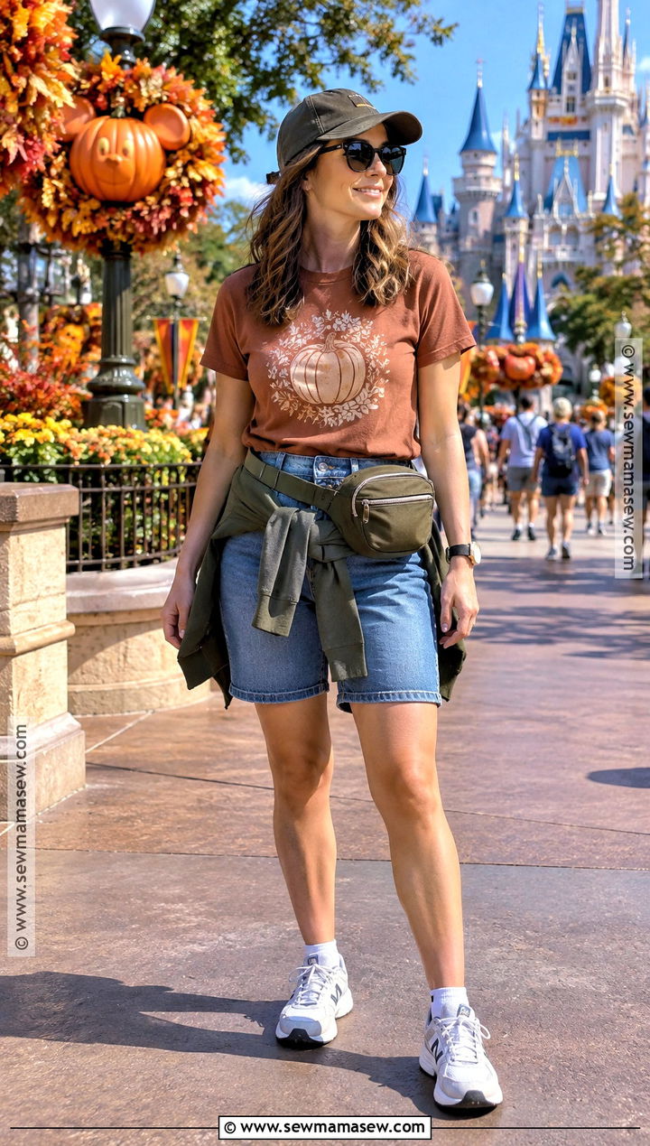 Fall Theme Park Outfit With Denim Shorts And Lightweight Hoodie - 20 theme park outfits fall