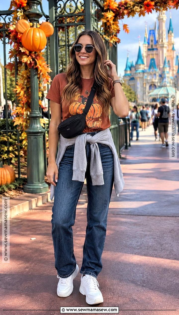 Fall Theme Park Outfit With Graphic Tee And Jeans - 20 theme park outfits fall