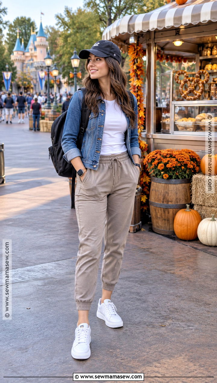 Fall Theme Park Outfit With Joggers And Denim Jacket - 20 theme park outfits fall