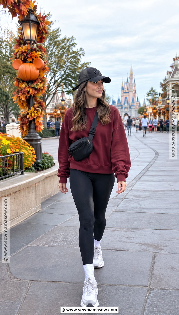 Fall Theme Park Outfit With Leggings And Oversized Sweatshirt - 20 theme park outfits fall