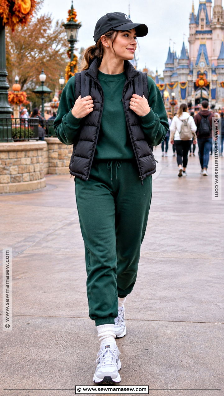 Fall Theme Park Outfit With Matching Sweatsuit And Puffer Vest - 20 theme park outfits fall