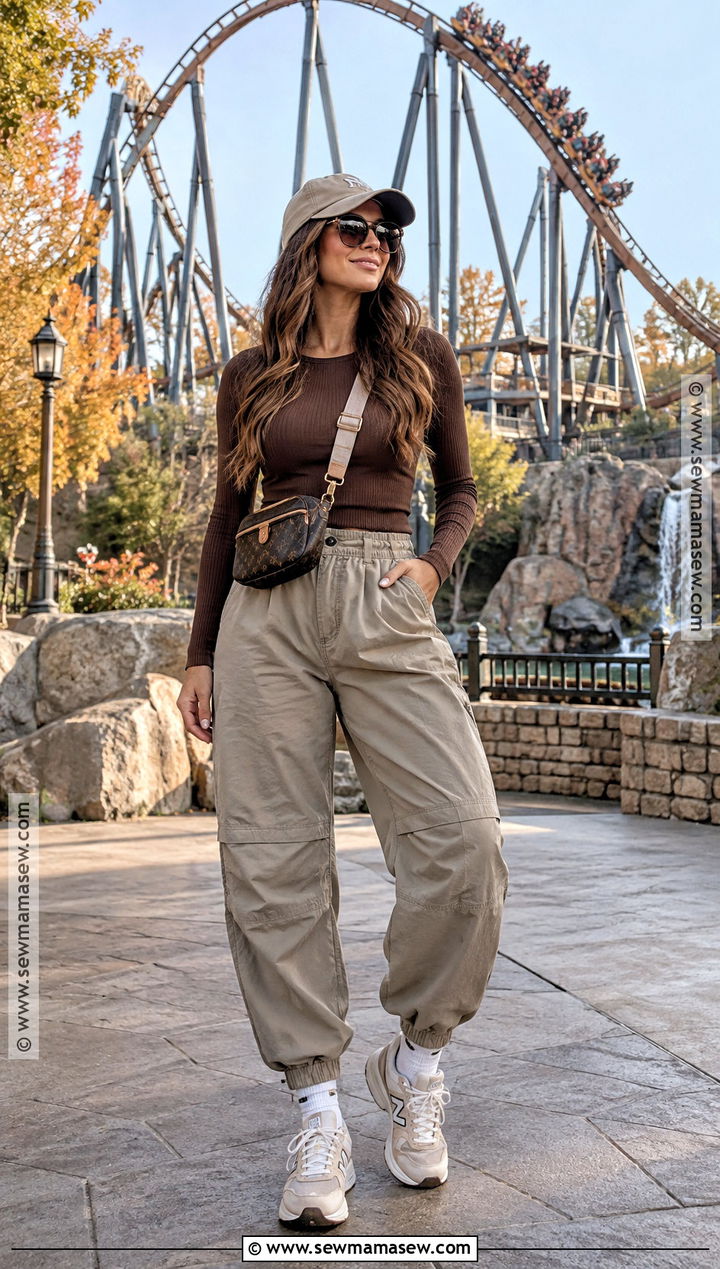 Fall Theme Park Outfit With Parachute Pants And Long Sleeve Top - 20 theme park outfits fall