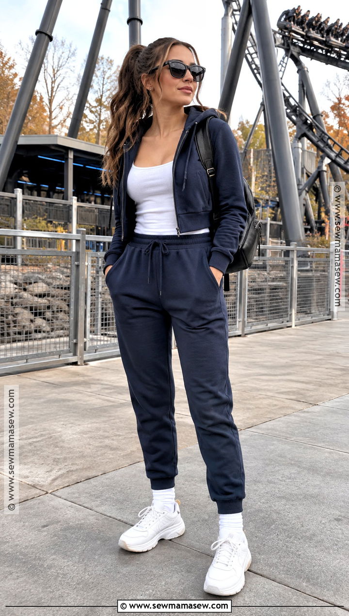 Fall Theme Park Outfit With Track Pants And Cropped Hoodie - 20 theme park outfits fall