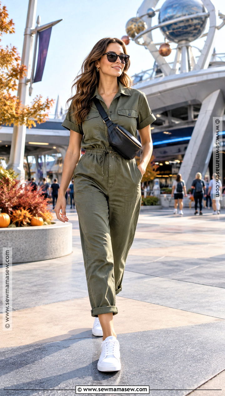 Fall Theme Park Outfit With Utility Jumpsuit And Sneakers - 20 theme park outfits fall