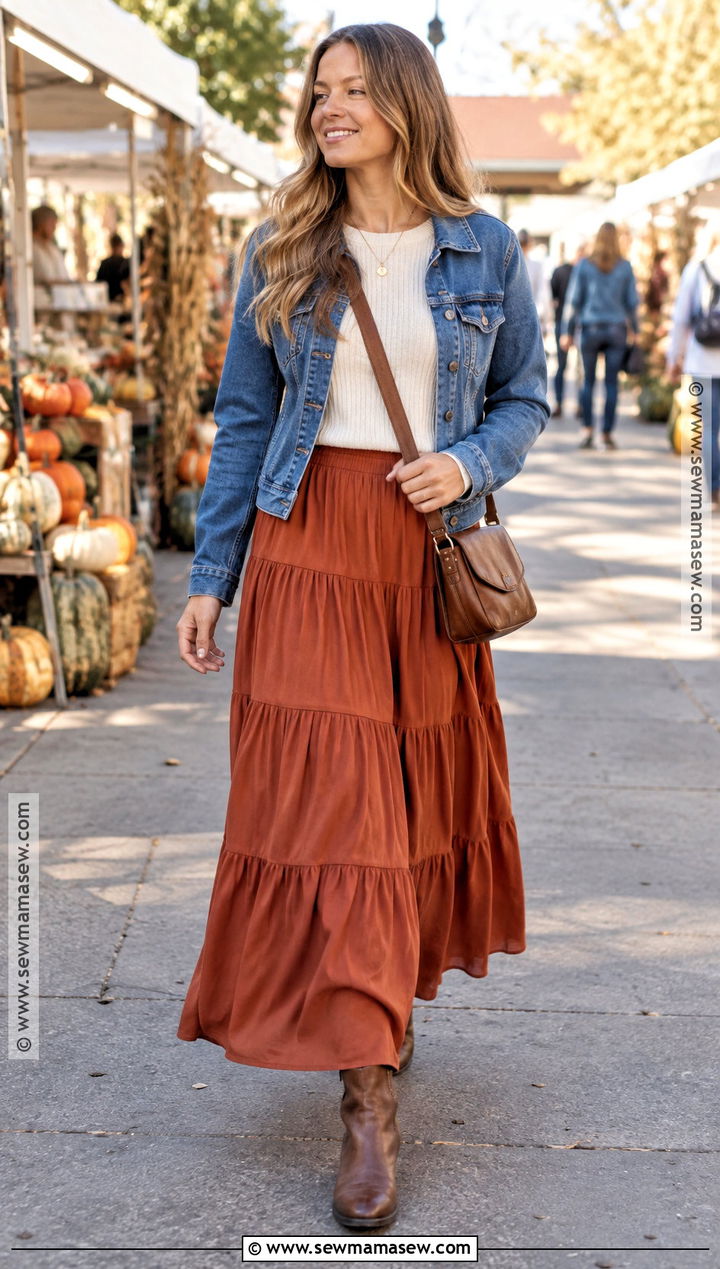 Fall Tiered Maxi Skirt With Denim Jacket And Western Boots - 15 maxi skirts fall