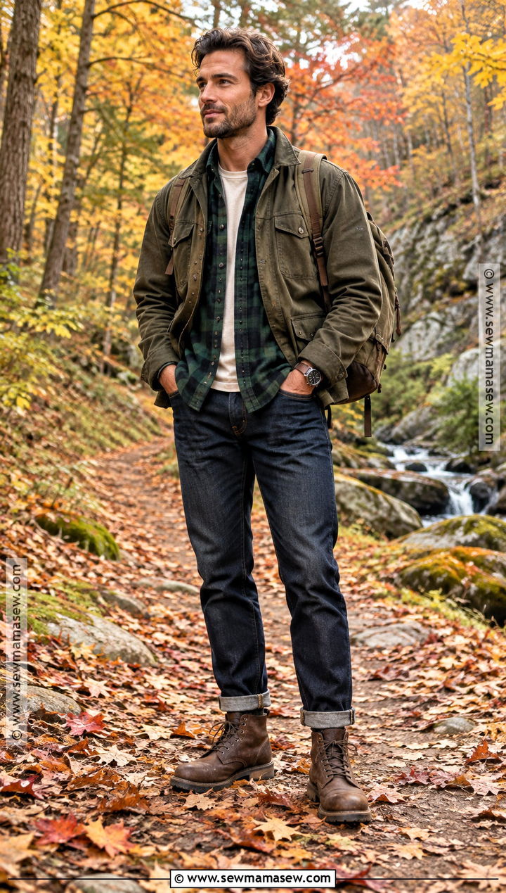 Fall Trail Outfit With Flannel Shirt and Chore Jacket - 15 mens fall outdoor outfits