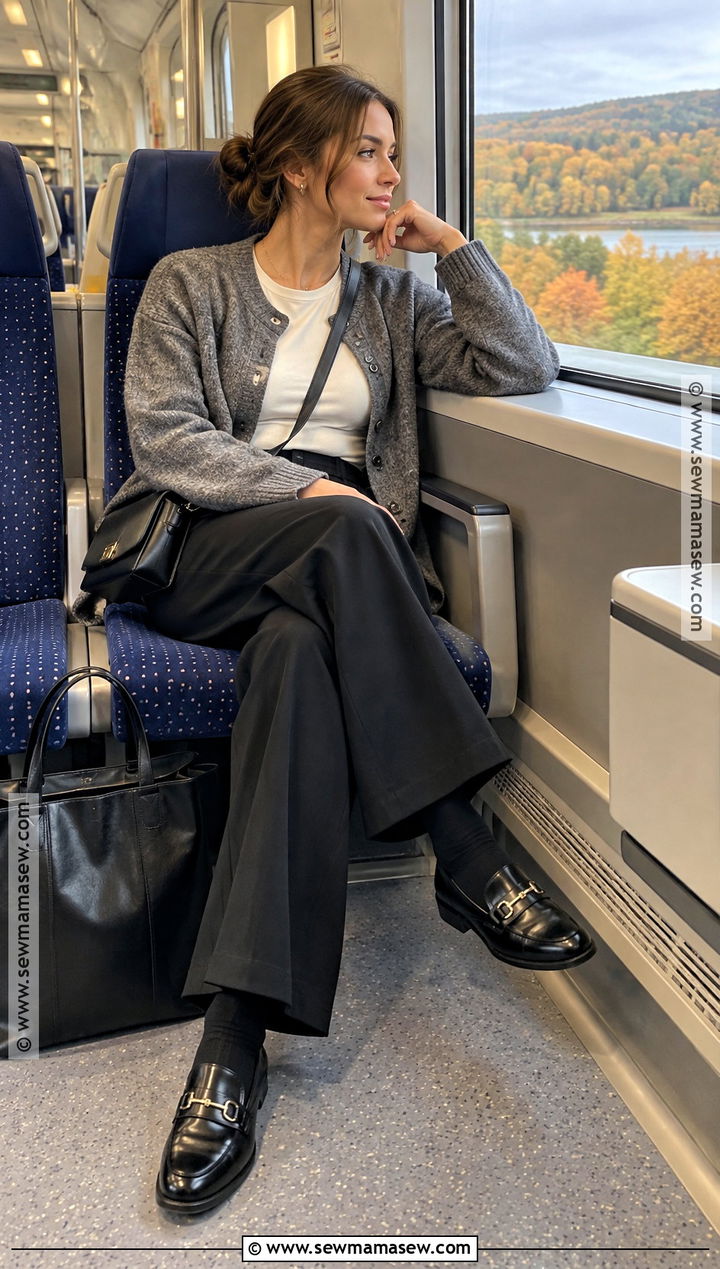 Fall Train Outfit With Wide Leg Trousers and a Cardigan - 20 travel outfits fall