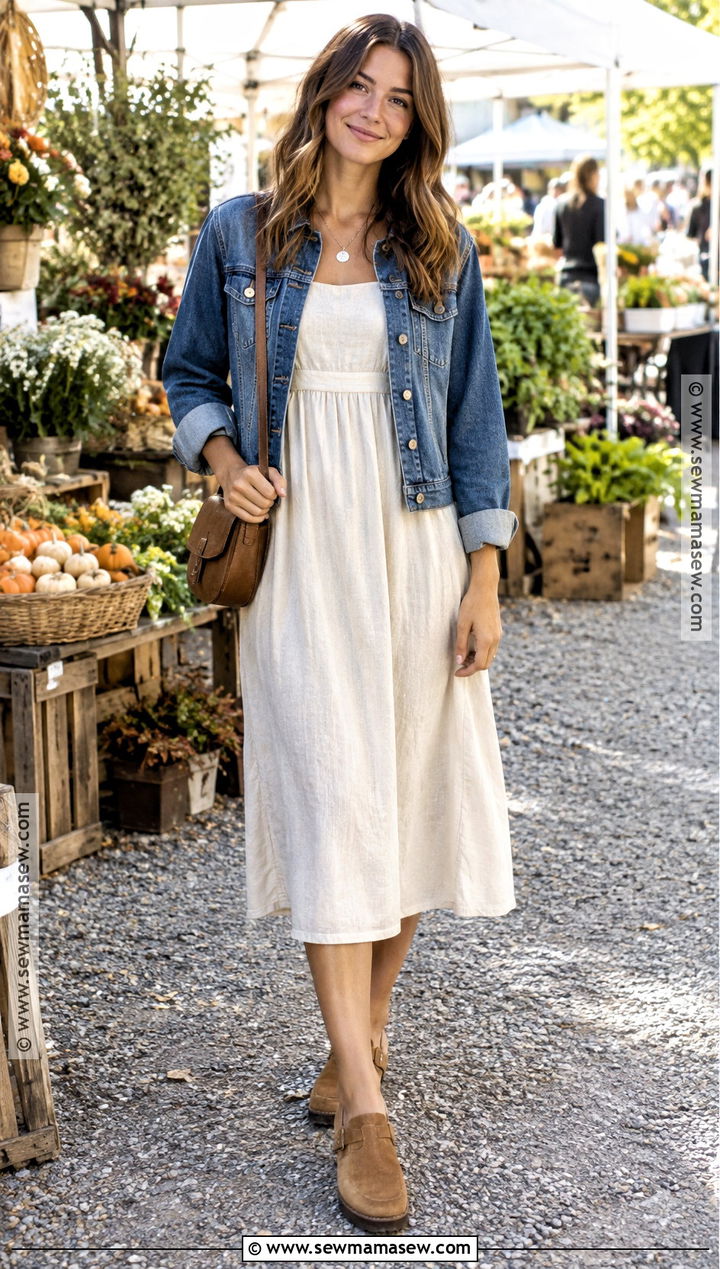Fall Transition Outfit With A Linen Dress And Denim Jacket - 30 fall transition outfits