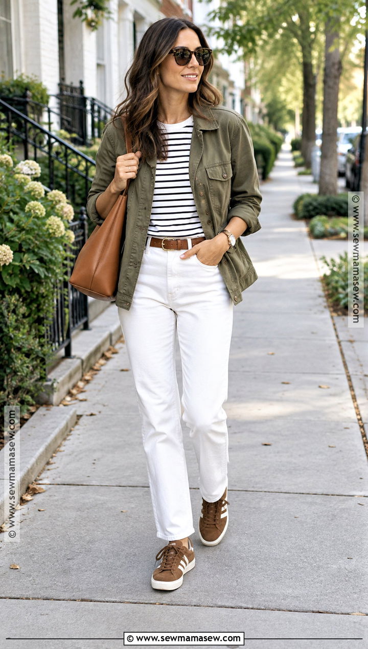 Fall Transition Outfit With A Utility Jacket And White Jeans - 30 fall transition outfits