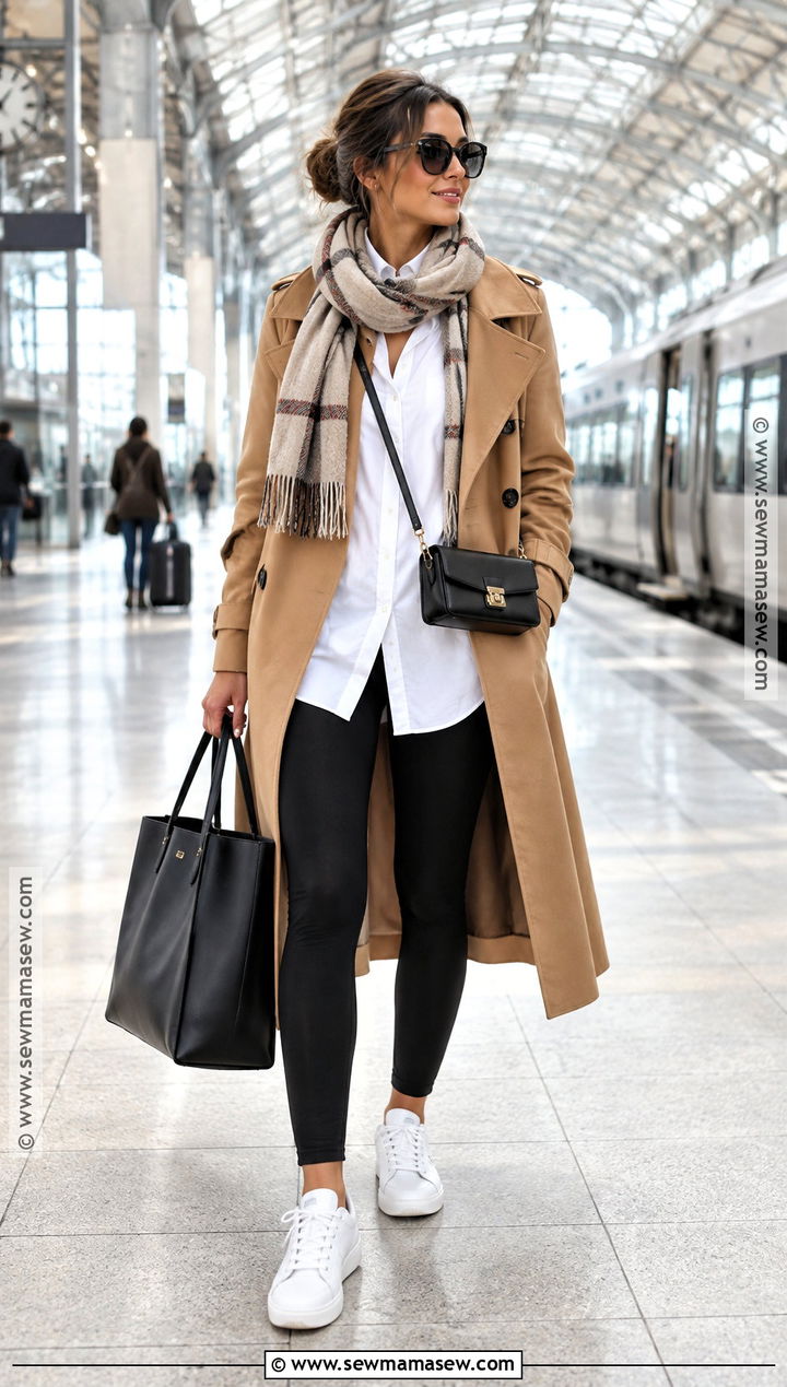 Fall Travel Leggings And Trench Coat Outfit - 20 travel capsule wardrobe fall ideas