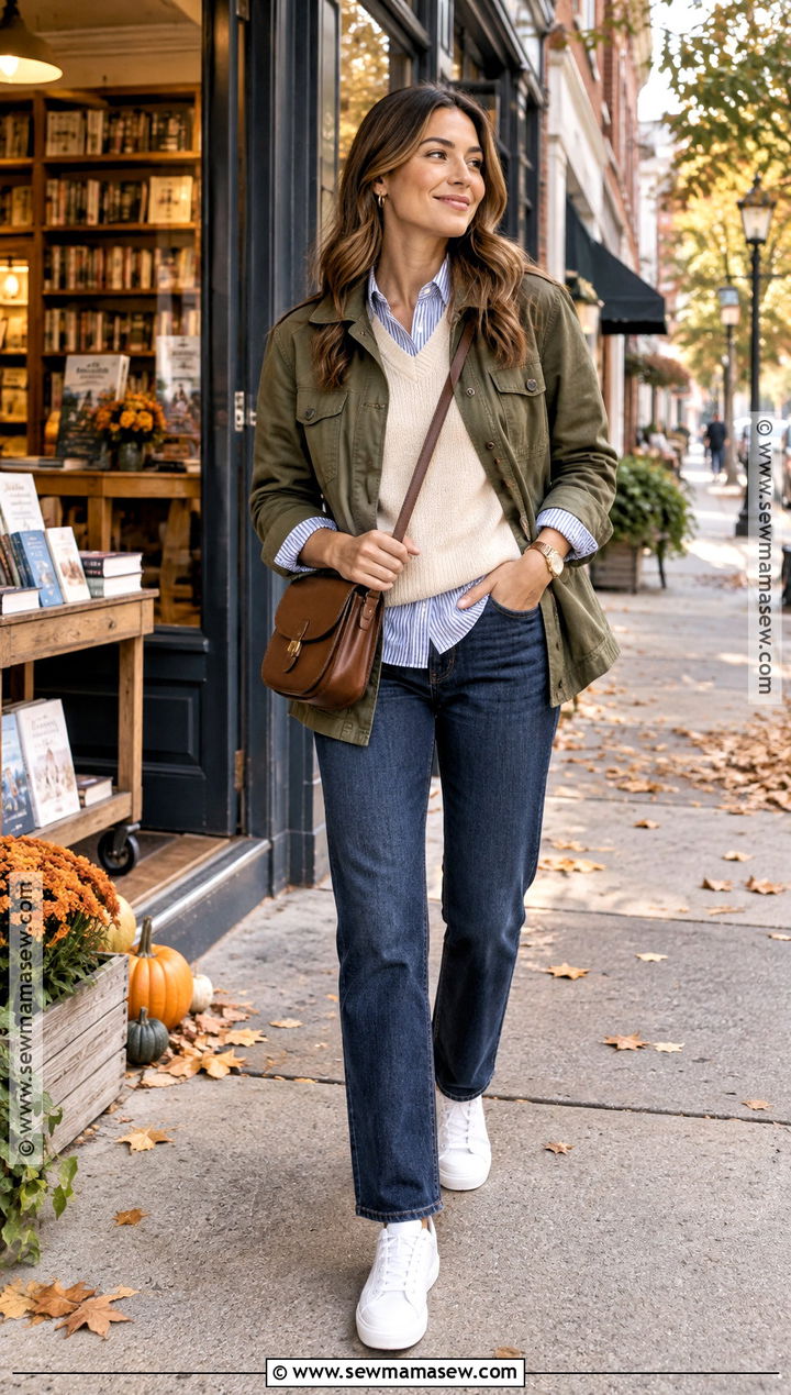 Fall Travel Outfit With Button Down Shirt and Vest - 20 Fall Travel Outfits for Women