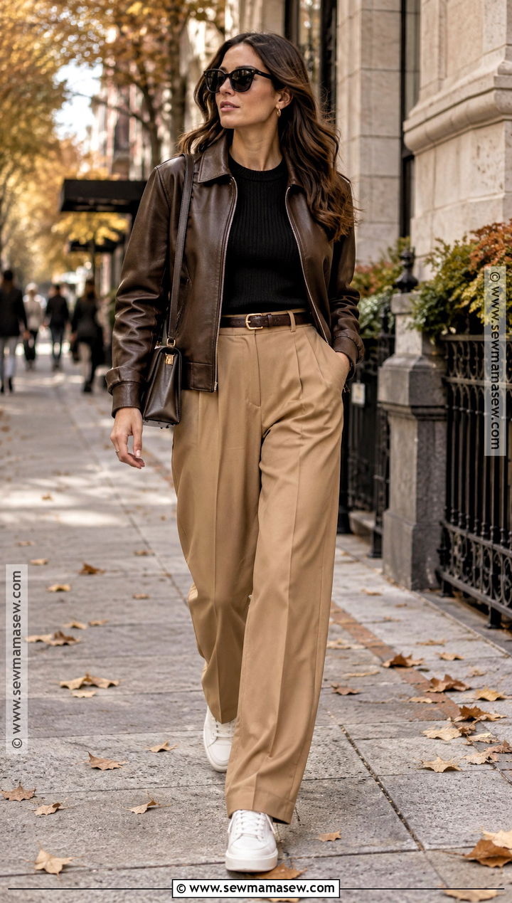 Fall Travel Outfit With Leather Jacket and Trousers - 20 Fall Travel Outfits for Women