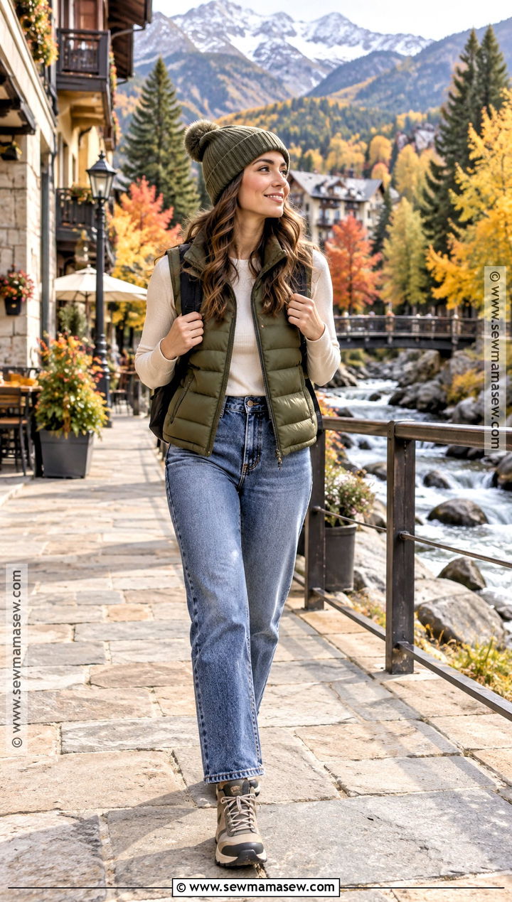 Fall Travel Outfit With Puffer Vest and Jeans - 20 Fall Travel Outfits for Women