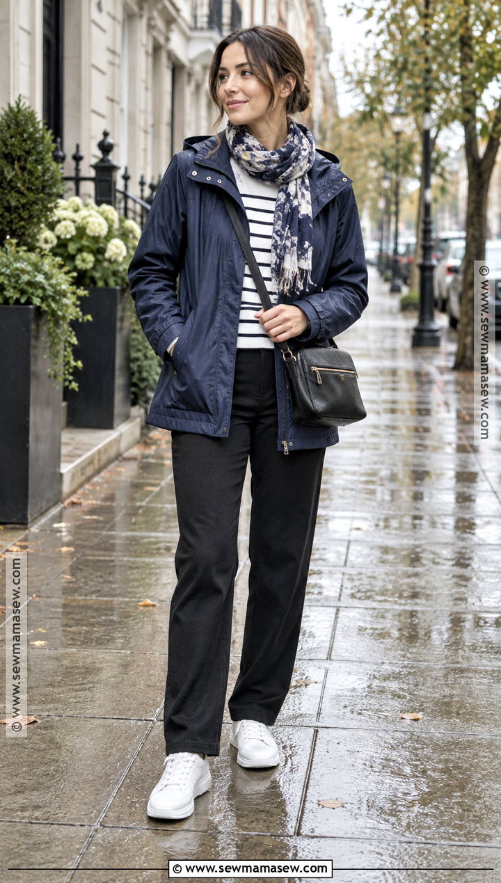 Fall Travel Outfit With Rain Jacket And Knit Pants - 15 fall weekend travel capsule wardrobe ideas