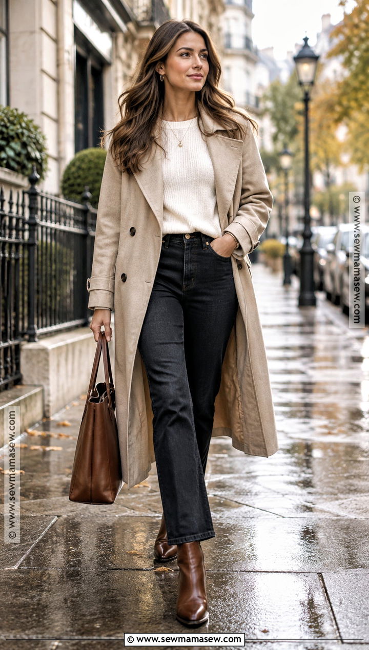 Fall Trench Coat And Dark Jeans Outfit - 25 fall basic outfits