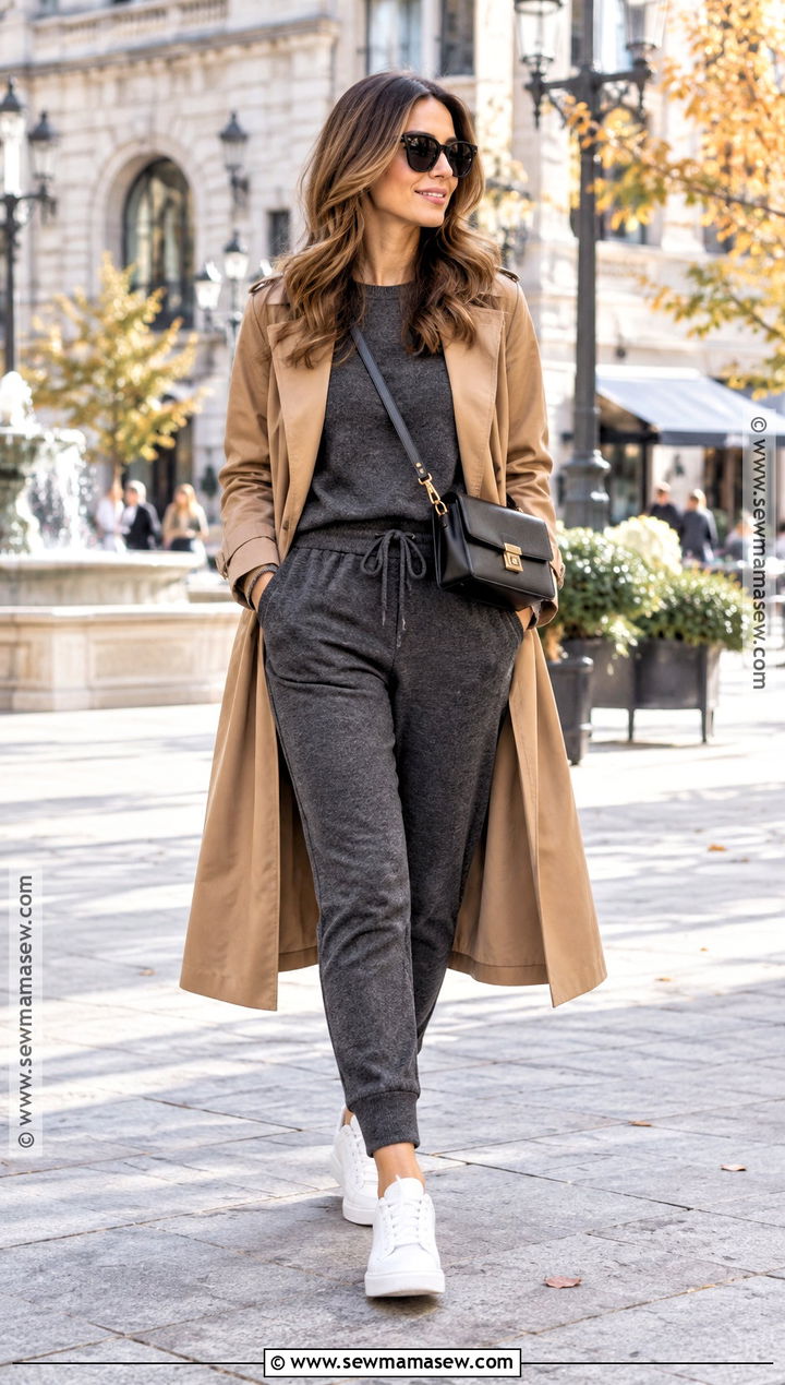 Fall Trench Coat And Joggers Outfit - 30 Fall Fashion 2026 Ideas for Women