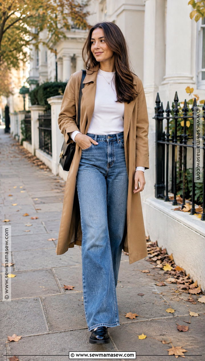 Fall Trench Coat And Wide Leg Jeans Outfit - 15 Fall Casual Wardrobe Ideas