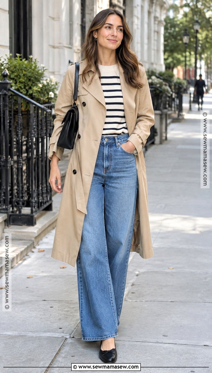 Fall Trench Coat And Wide Leg Jeans Outfit - 20 Outfits Inspo Fall