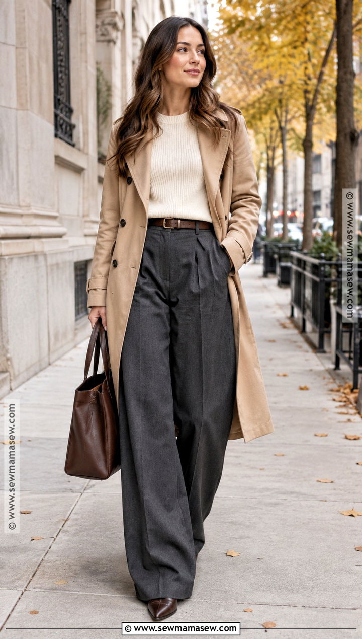 Fall Trench Coat And Wide Leg Trousers Outfit - 15 Fall Wardrobe Update Ideas