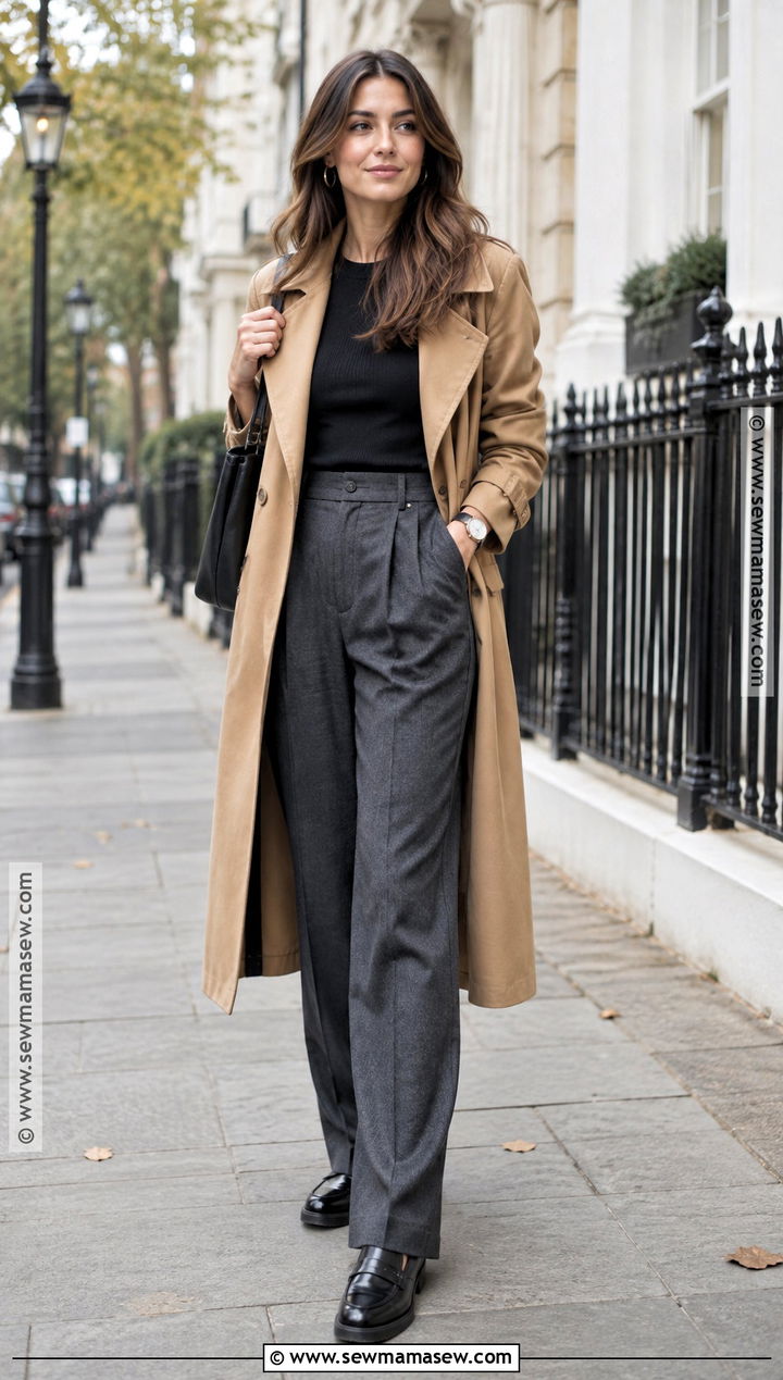 Fall Trench Coat And Wide Leg Trousers Outfit - 15 dressing for fall ideas