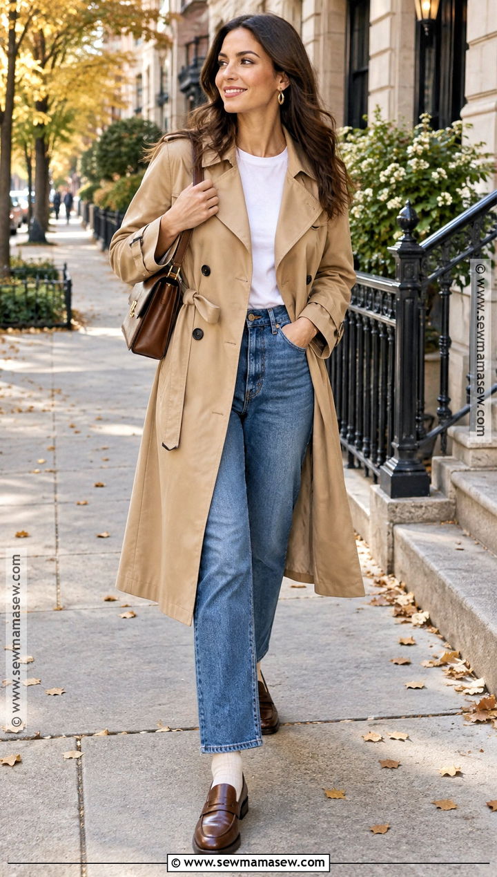 Fall Trench Coat Outfit With Jeans And Loafers - 15 womens fall outfit ideas