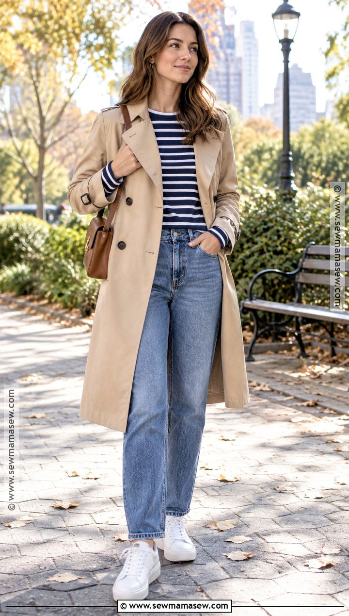Fall Trench Coat Outfit With Jeans And Sneakers - 15 casual chic style fall ideas