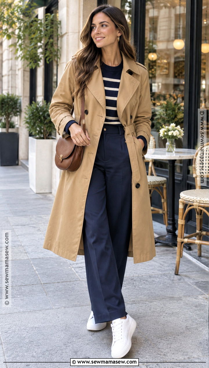 Fall Trench Coat Outfit With Striped Knit - 20 fall aesthetic fashion ideas
