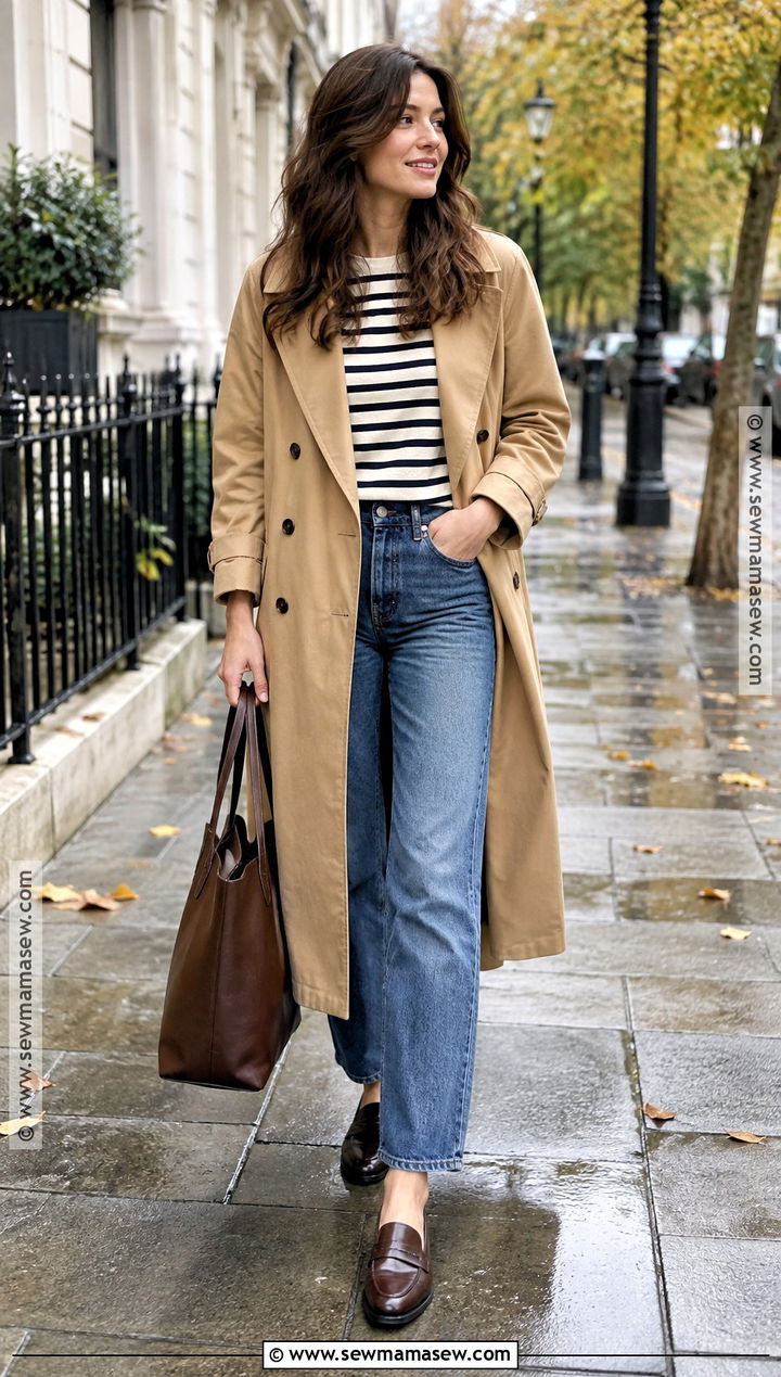 Fall Trench Coat Outfit With Striped Shirt - 15 layering for fall weather ideas