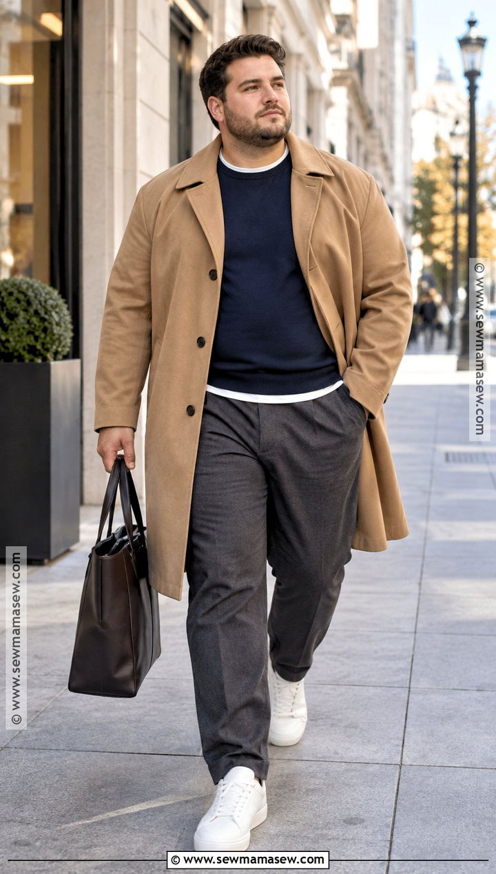 Fall Trench Coat With Crewneck Sweater And Trousers - 15 mens plus size fall fashion ideas