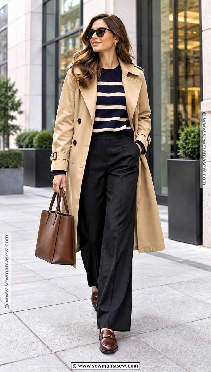 Fall Trench Coat With Striped Sweater And Trousers - 15 Simple But Cute Fall Outfits