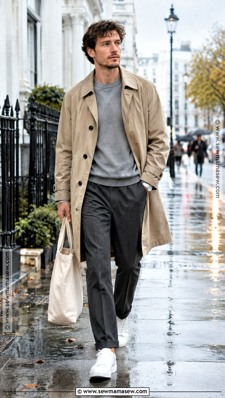 Fall Trench Coat With Sweatshirt And Trousers - 20 fall mens outfits casual