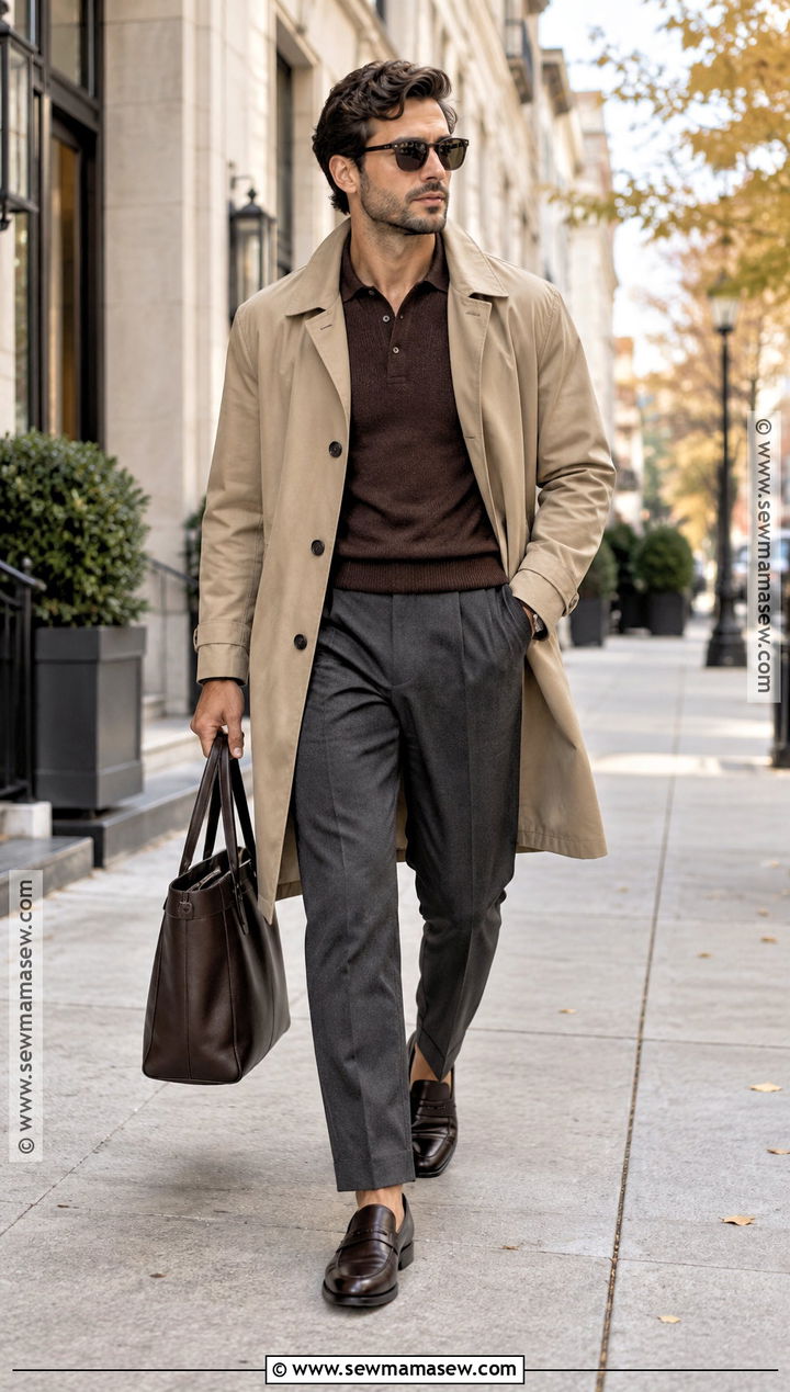 Fall Trench Coat and Knit Polo Outfit - 20 fall male outfits