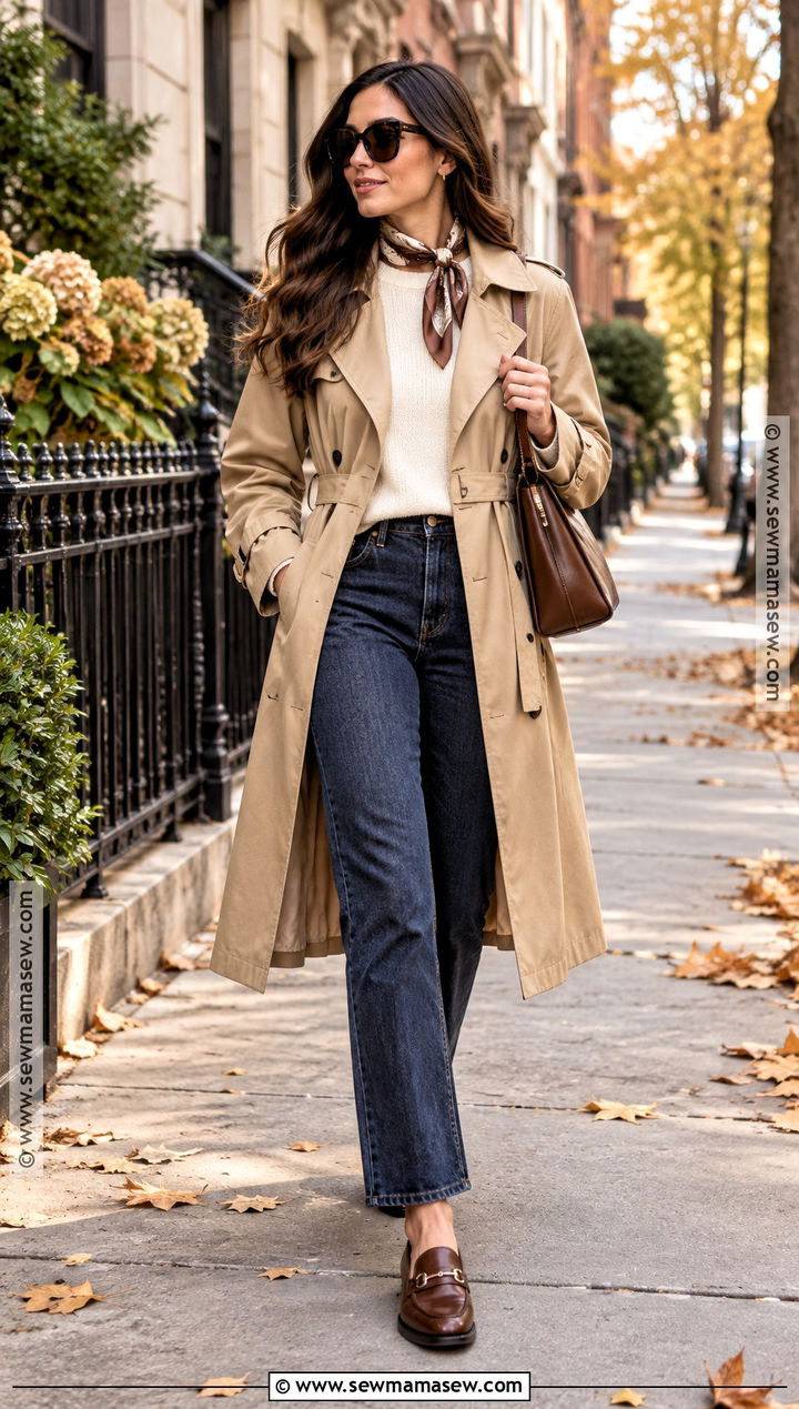 Fall Trench Coat and Straight Leg Jeans Outfit - 20 fall fashion ideas for women