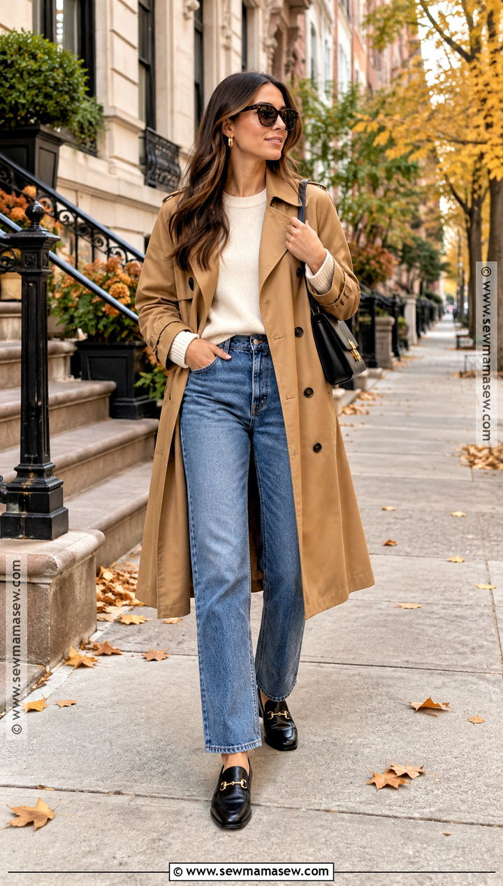 Fall Trench Coat and Straight Leg Jeans Outfit - 15 Fall 2026 Capsule Wardrobe Ideas