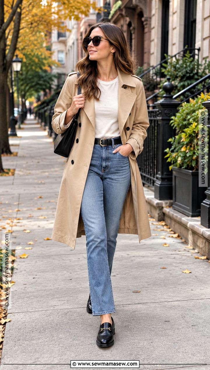 Fall Trench Coat and Straight Leg Jeans Outfit - 15 Minimalist Fall Capsule Wardrobe Ideas