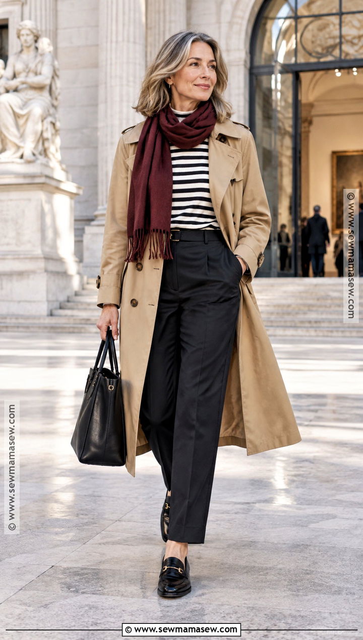 Fall Trench Coat and Striped Shirt Outfit - 15 fall hangout outfit ideas