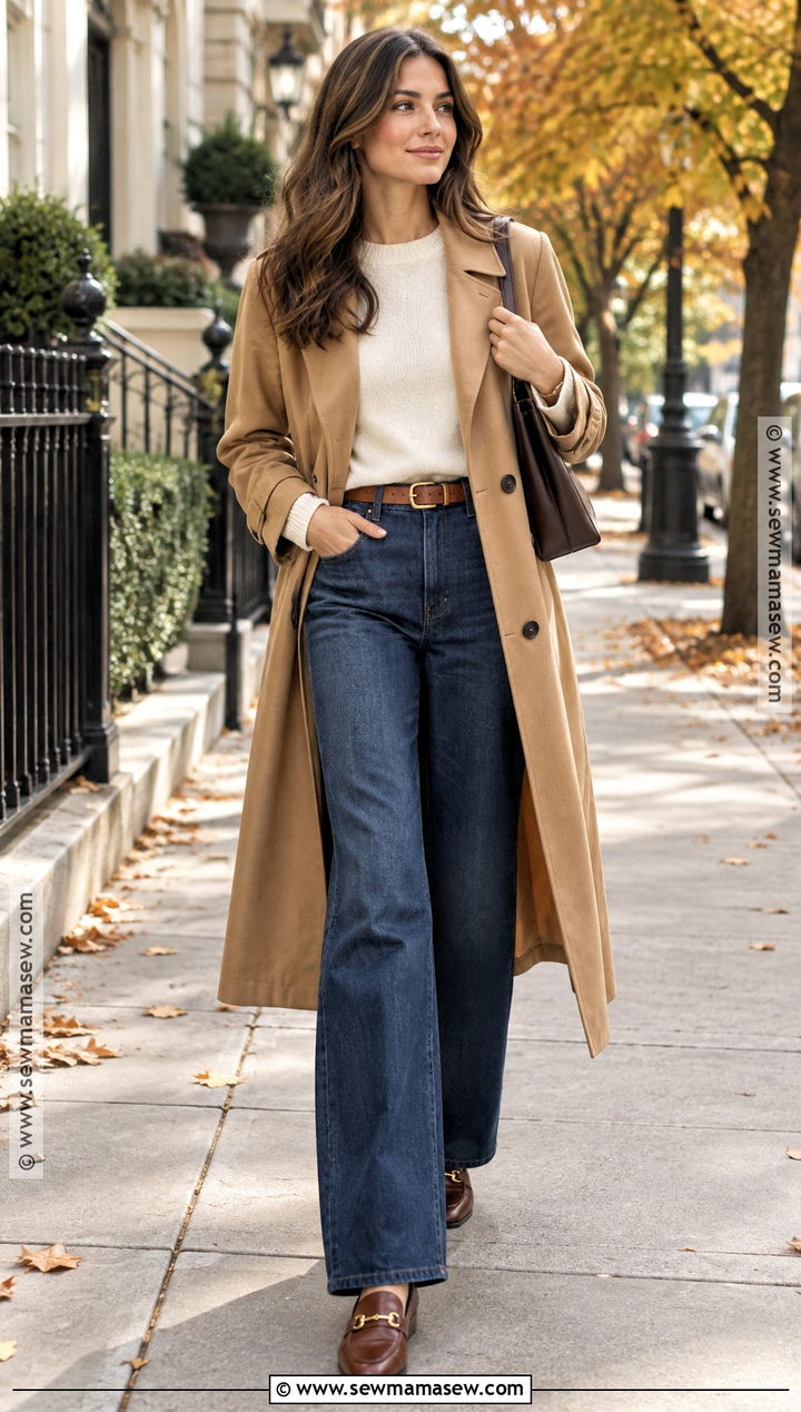 Fall Trench Coat and Wide Leg Jeans Outfit - 15 fall wardrobe capsule ideas 2026